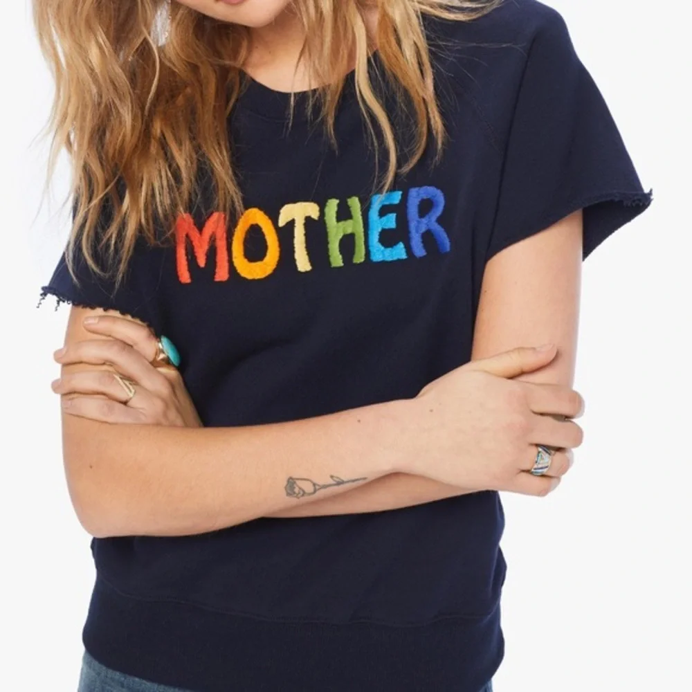 Mother The Raw Sleeve Square Sweatshirt Top *Goes South* Navy Rainbow Sz S - Picture 1 of 14